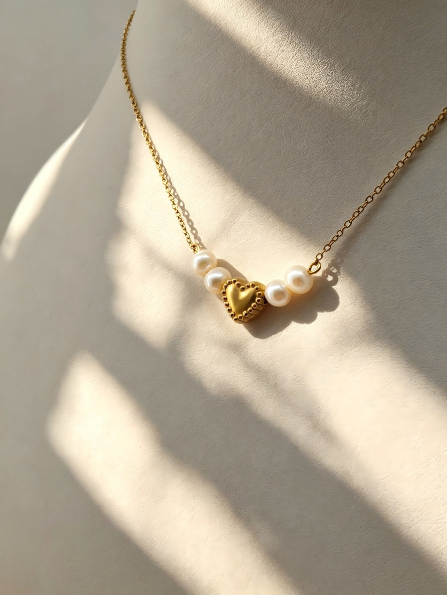 "Whispers of the Sea" — Vintage Textured Golden Heart & Natural Pearl Necklace