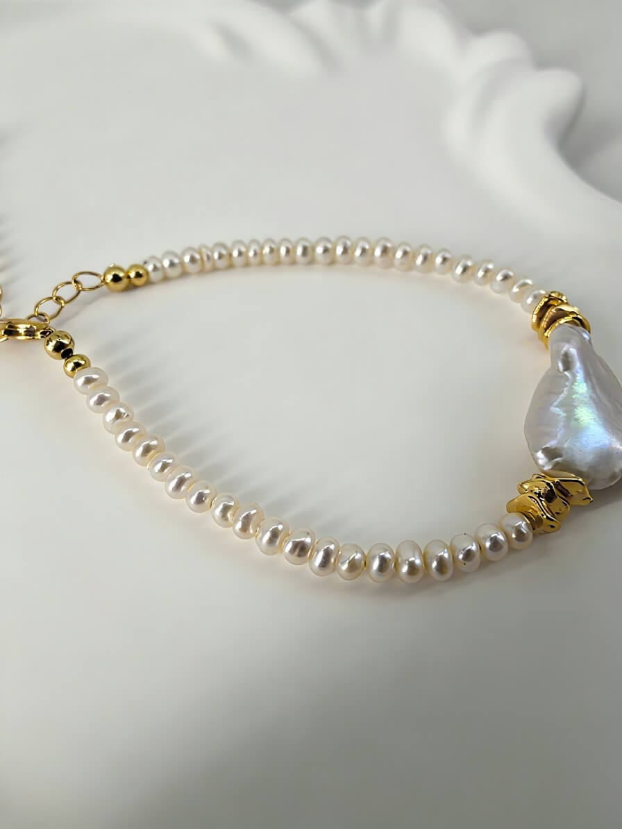 Handmade Silver Ribbon Bow Pearl Bracelet – Natural Baroque Tone Freshwater Pearls