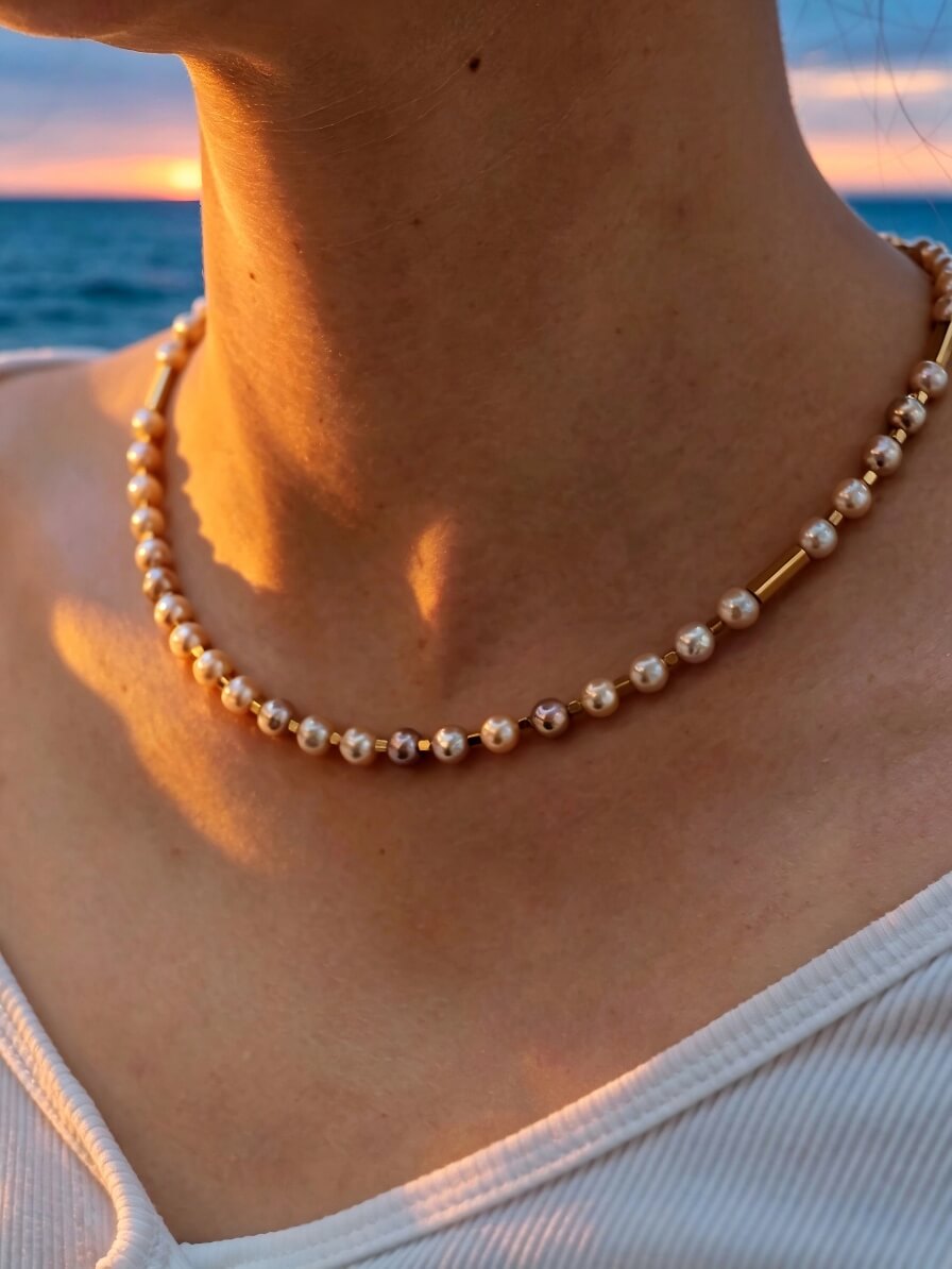 The Aurora Pastel Keshi Pearl Choker – Handmade Multi-Tone Pearl & Gold Column Necklace
