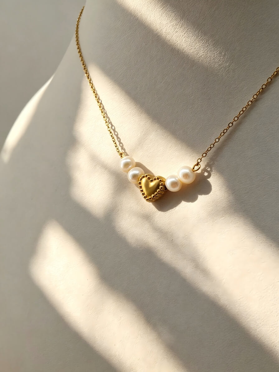 "Whispers of the Sea" — Vintage Textured Golden Heart & Natural Pearl Necklace