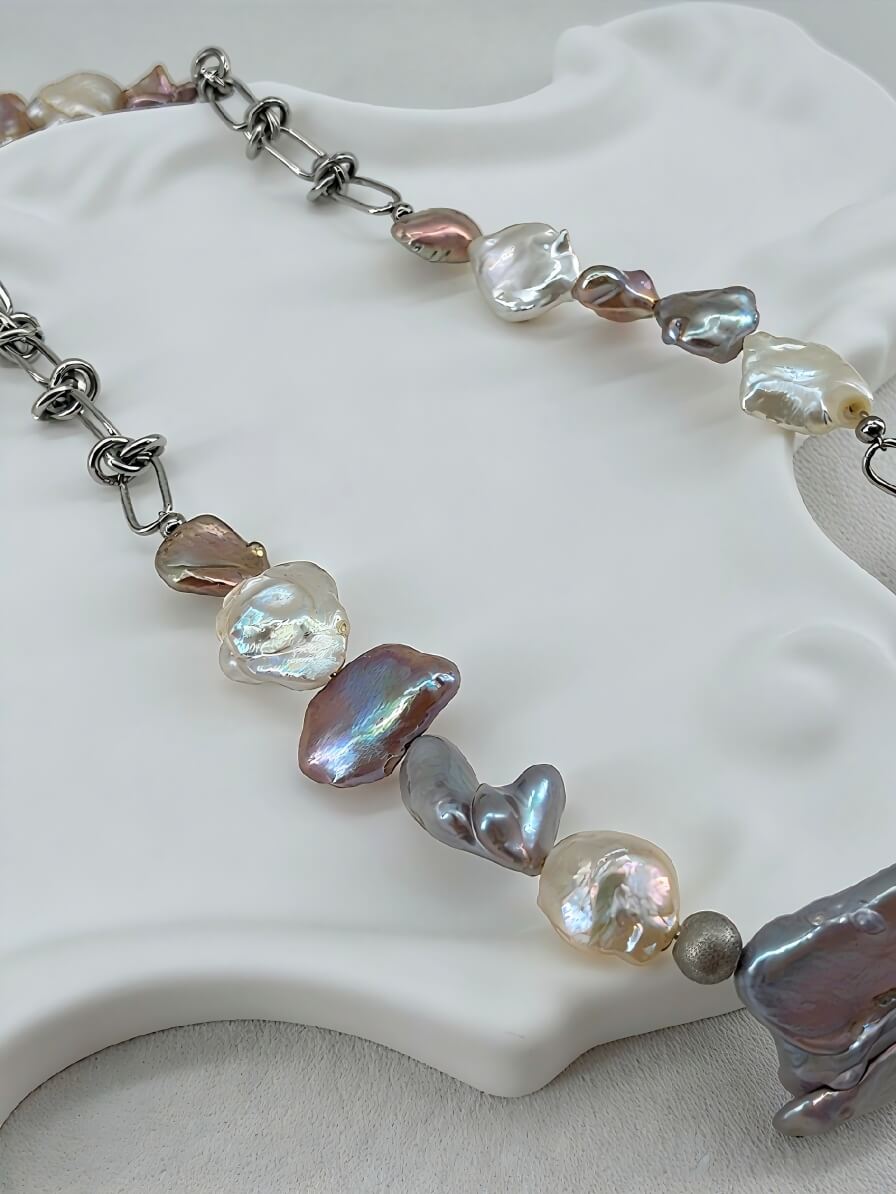 The Iridescent Tides | Artisanal Mixed Baroque Pearl & Knot Link Necklace