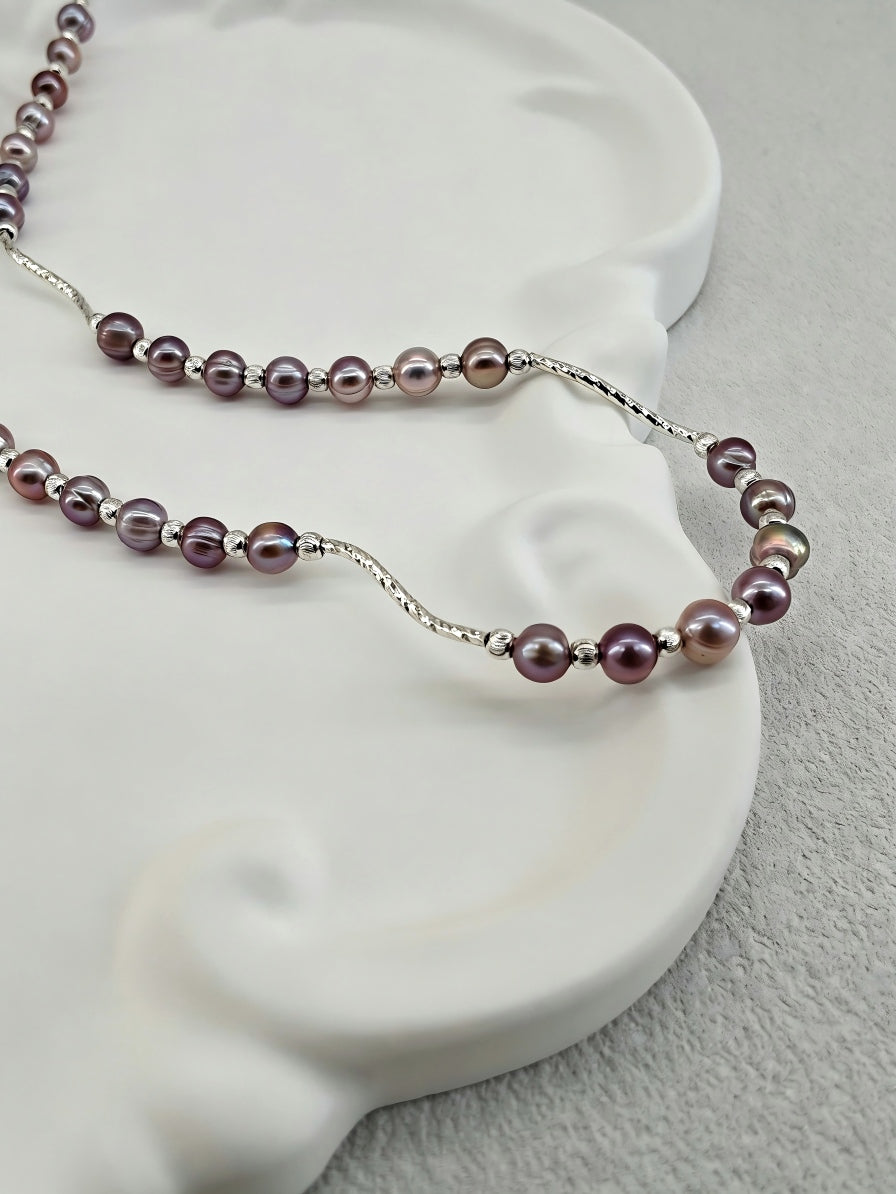 Handmade natural light purple pearl silver starry sky necklace