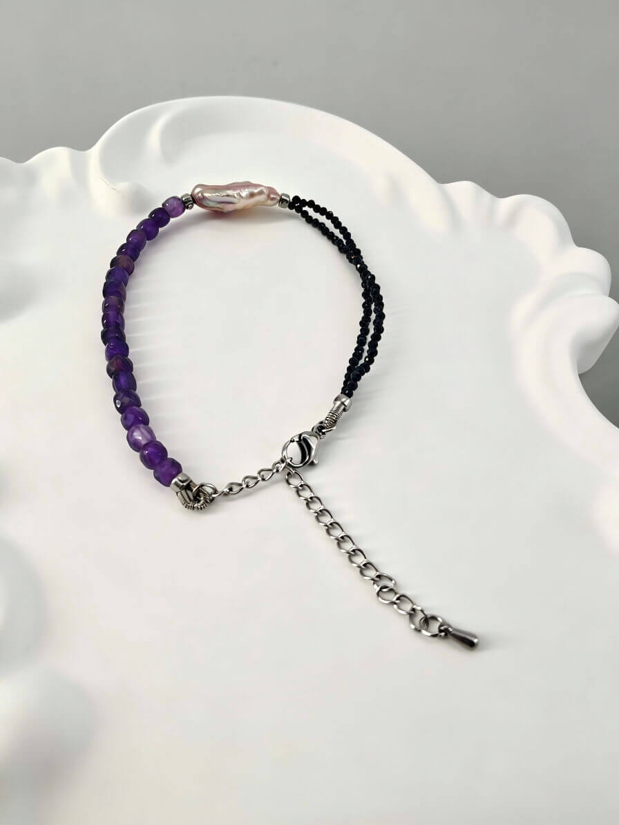 Handcrafted Asymmetric Amethyst & Black Spinel Bracelet with Keshi Baroque Pearl