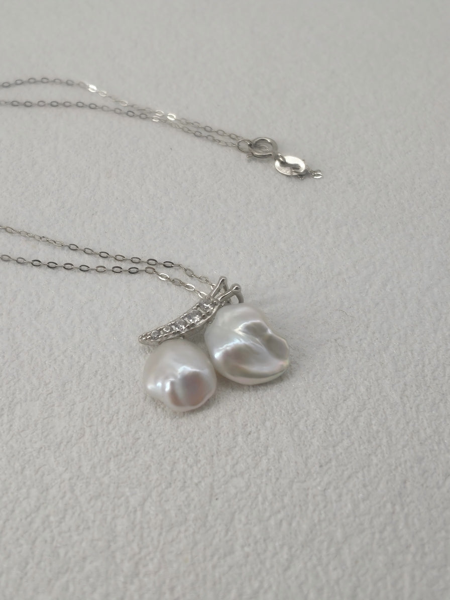 Handcrafted French Vintage Baroque Pearl Double Pendant Necklace - Sterling Silver Cherry Blossom Drop Choker