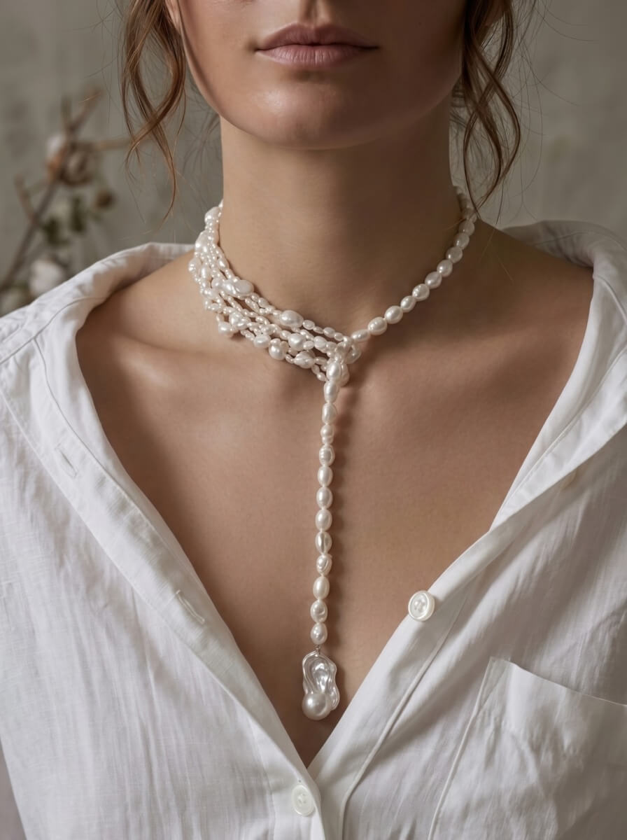 The Serpentine Tide Handcrafted Baroque Pearl Lariat Necklace