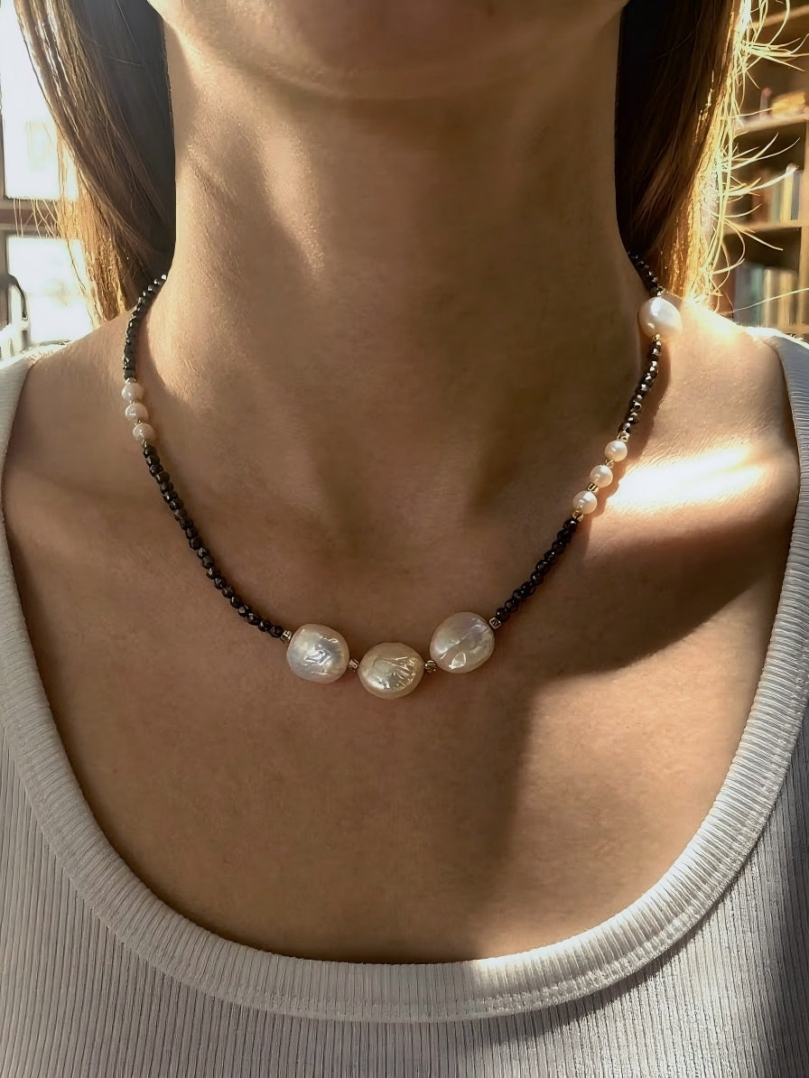 Edgy Sweet-Cool Asymmetrical Pearl Choker • Genuine Baroque Coin Pearl & Black Beaded Statement Necklace • Ins Style Jewelry
