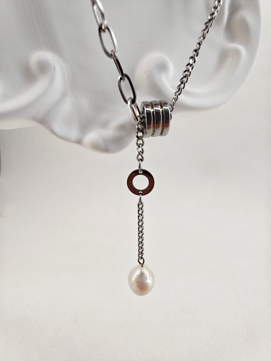 Echoes of the Sea • Asymmetric Baroque Pearl & Paperclip Chain Handmade Necklace