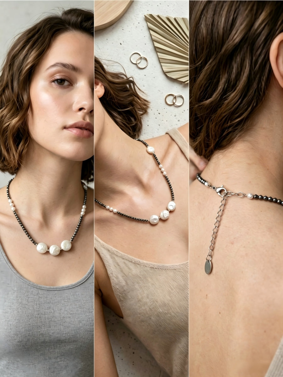 Edgy Sweet-Cool Asymmetrical Pearl Choker • Genuine Baroque Coin Pearl & Black Beaded Statement Necklace • Ins Style Jewelry