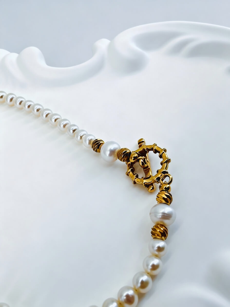 Aurelia Pearl Opera Necklace – Handcrafted Multi-Way Long Pearl Necklace with Textured Gold Accents