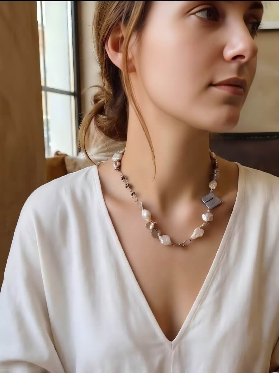 The Iridescent Tides | Artisanal Mixed Baroque Pearl & Knot Link Necklace