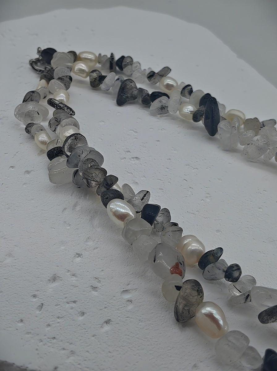 The Shadow & Light Handcrafted Tourmalinated Quartz & Baroque Pearl Choker