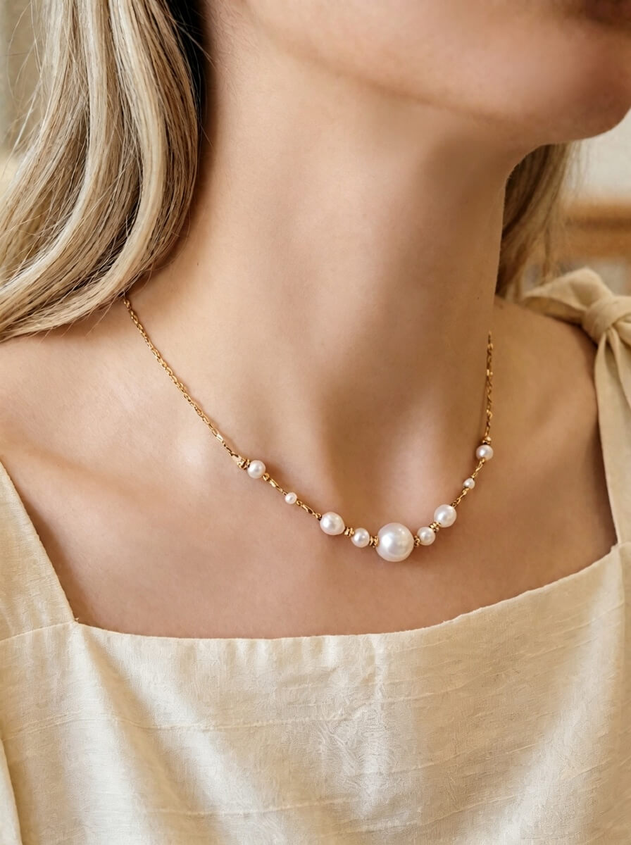 Aura Graduated Pearl & Textured Gold Chain Necklace