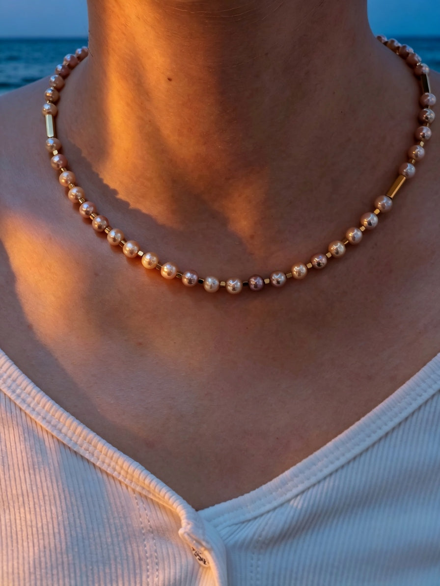 The Aurora Pastel Keshi Pearl Choker – Handmade Multi-Tone Pearl & Gold Column Necklace