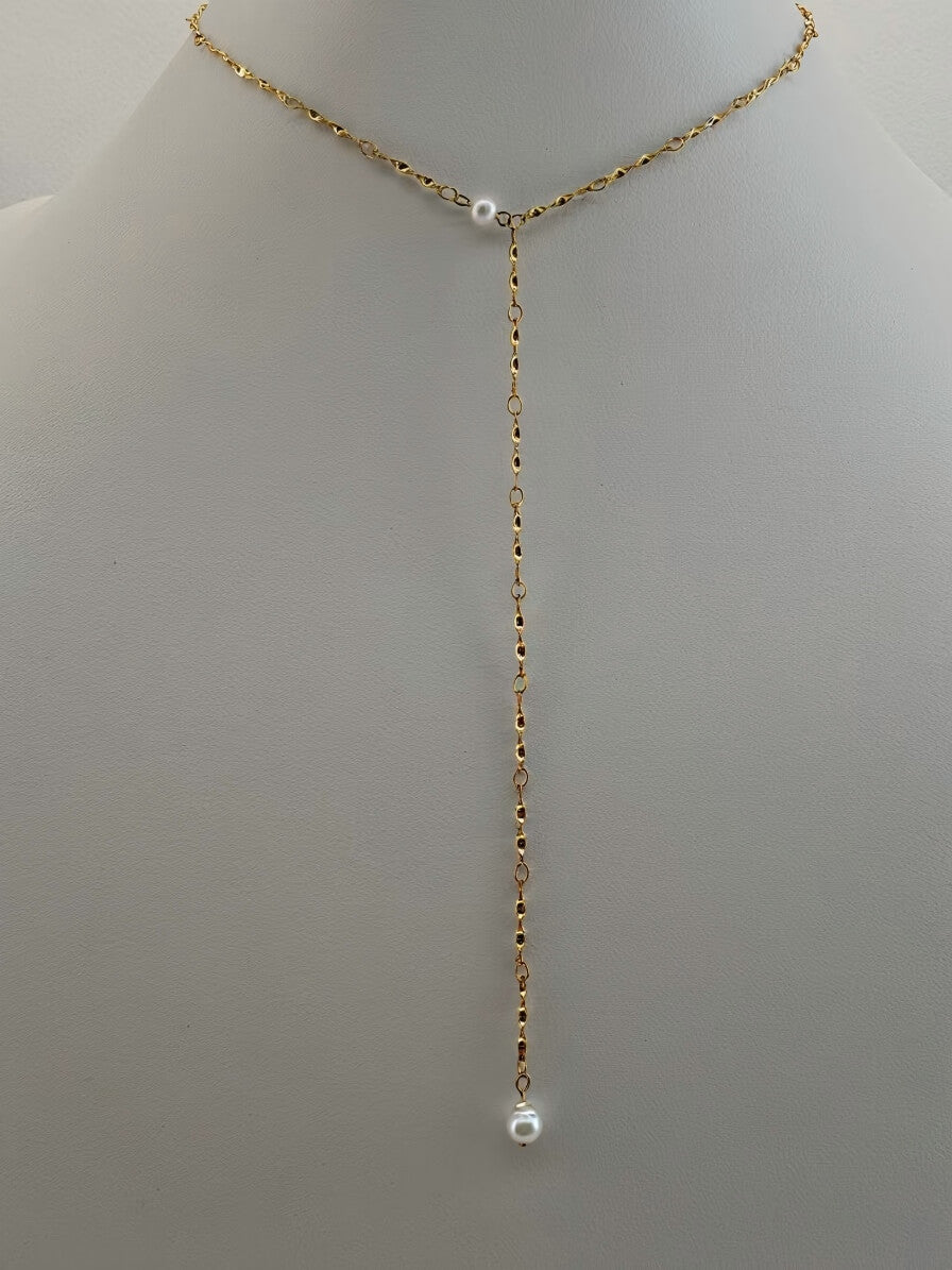 Elysian Pearl & Shimmer Chain Handcrafted Lariat Necklace