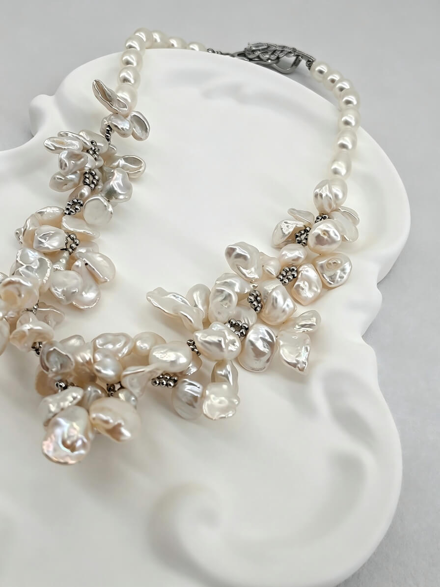 The "Ocean’s Whisper" Handmade Barque Pearl Cluster Necklace with Feather Clasp
