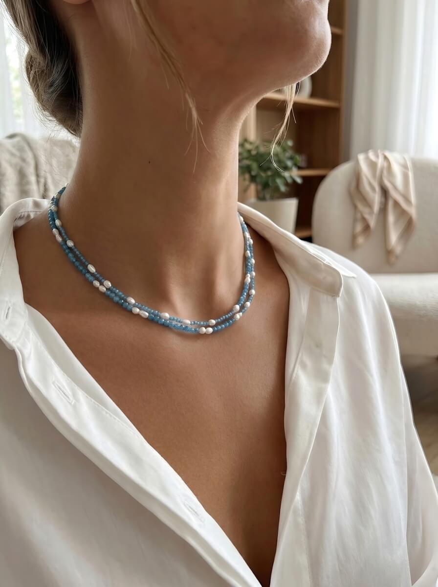 Ocean Breeze – Handmade Double-Layer Blue Zircon & Freshwater Pearl Necklace