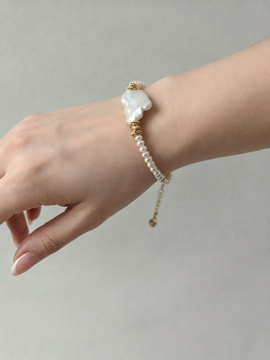 Handmade Silver Ribbon Bow Pearl Bracelet – Natural Baroque Tone Freshwater Pearls