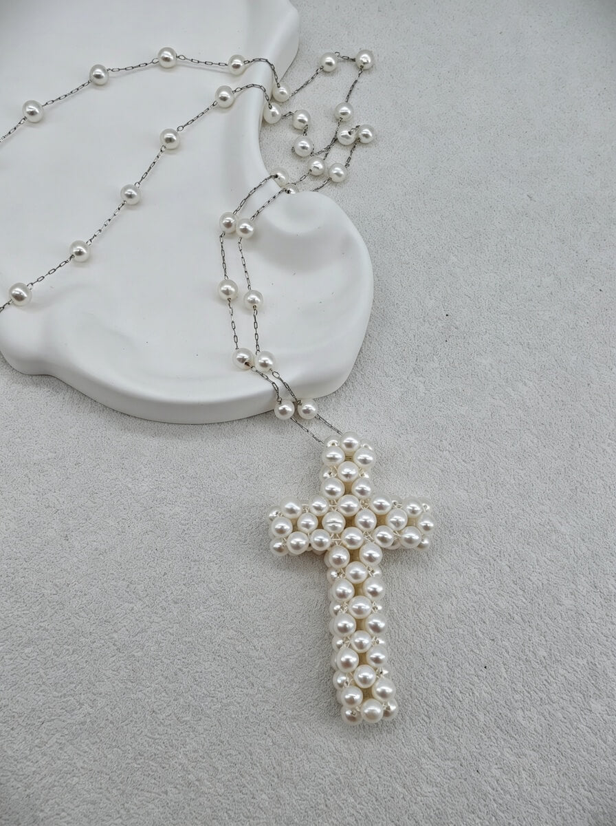 The ‘Grace’ – Handwoven Pearl Cross Pendant Necklace on Tin Cup Chain