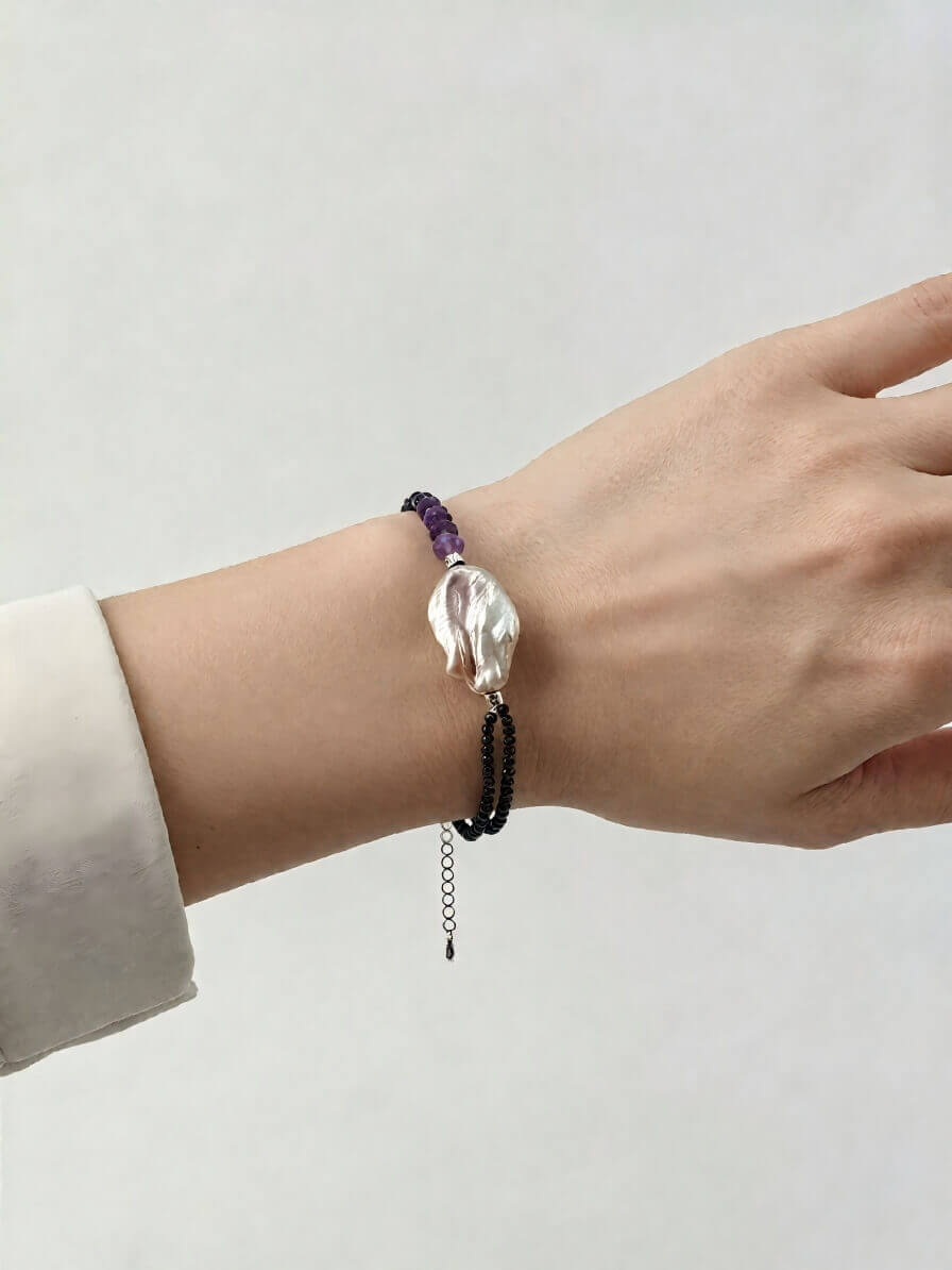 Handcrafted Asymmetric Amethyst & Black Spinel Bracelet with Keshi Baroque Pearl