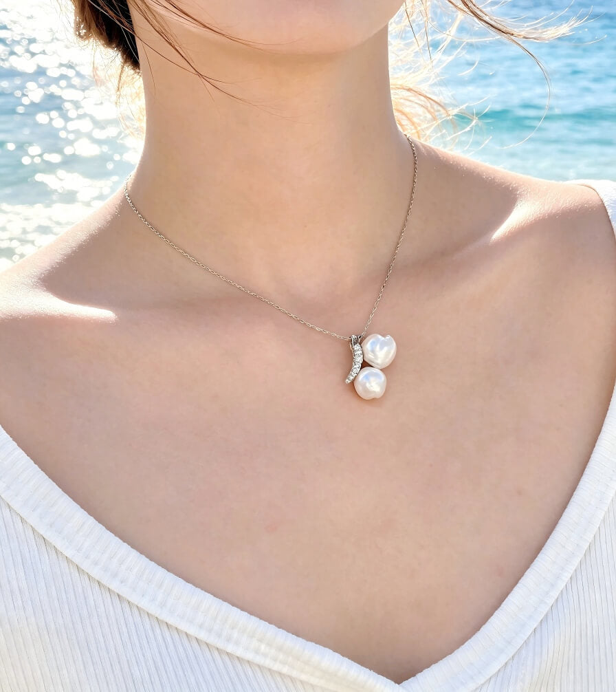 Handcrafted French Vintage Baroque Pearl Double Pendant Necklace - Sterling Silver Cherry Blossom Drop Choker