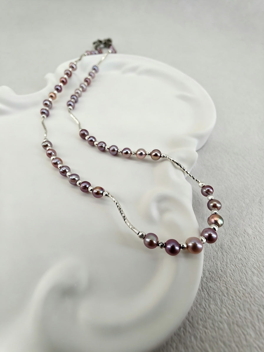 Handmade natural light purple pearl silver starry sky necklace
