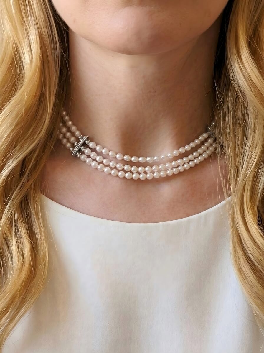 Genevieve Three-Strand Handcrafted Natural Freshwater Pearl Choker NecklaceOption