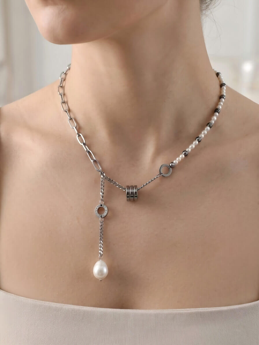 Echoes of the Sea • Asymmetric Baroque Pearl & Paperclip Chain Handmade Necklace