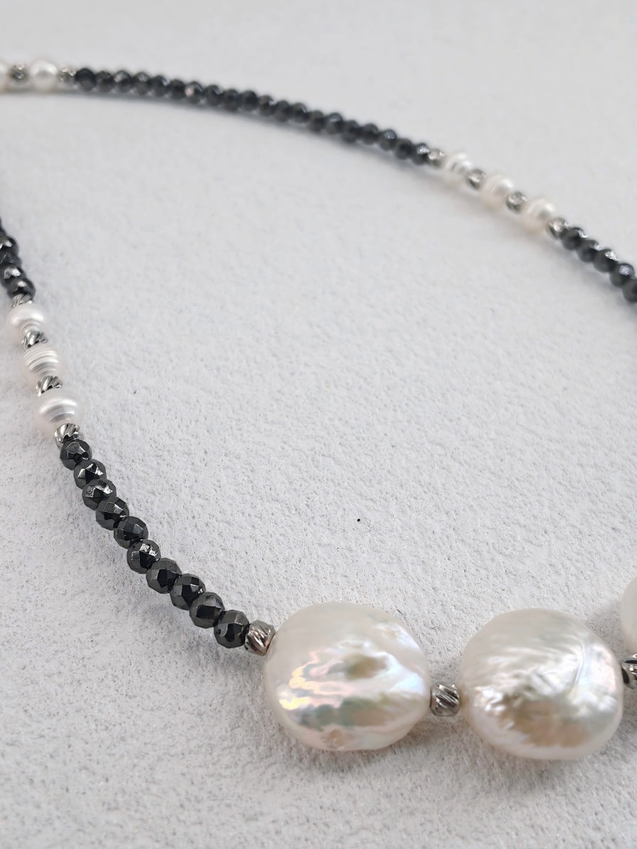 Edgy Sweet-Cool Asymmetrical Pearl Choker • Genuine Baroque Coin Pearl & Black Beaded Statement Necklace • Ins Style Jewelry