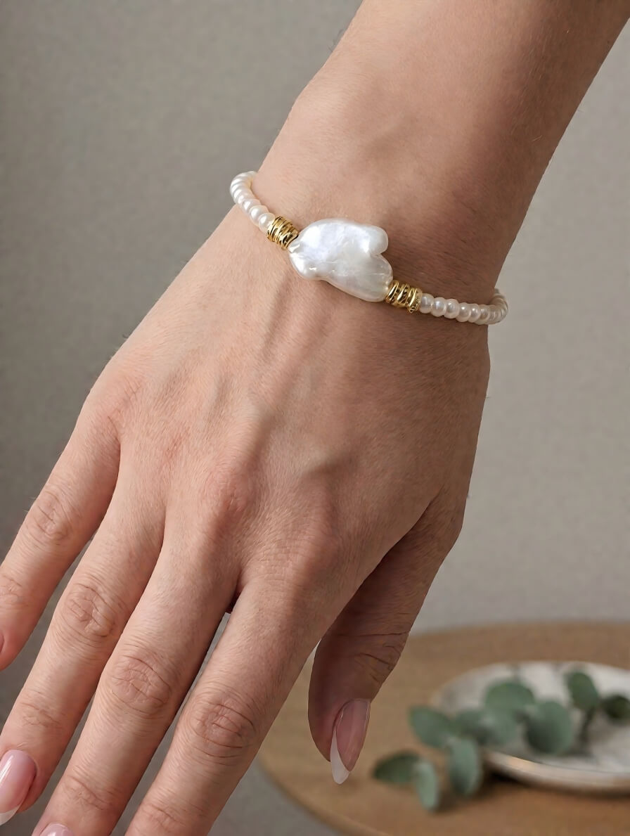 Handmade Silver Ribbon Bow Pearl Bracelet – Natural Baroque Tone Freshwater Pearls