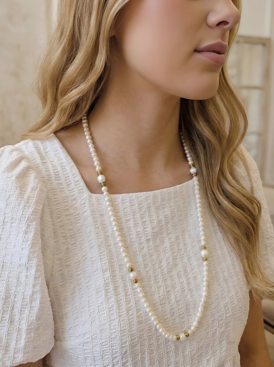 Aurelia Pearl Opera Necklace – Handcrafted Multi-Way Long Pearl Necklace with Textured Gold Accents