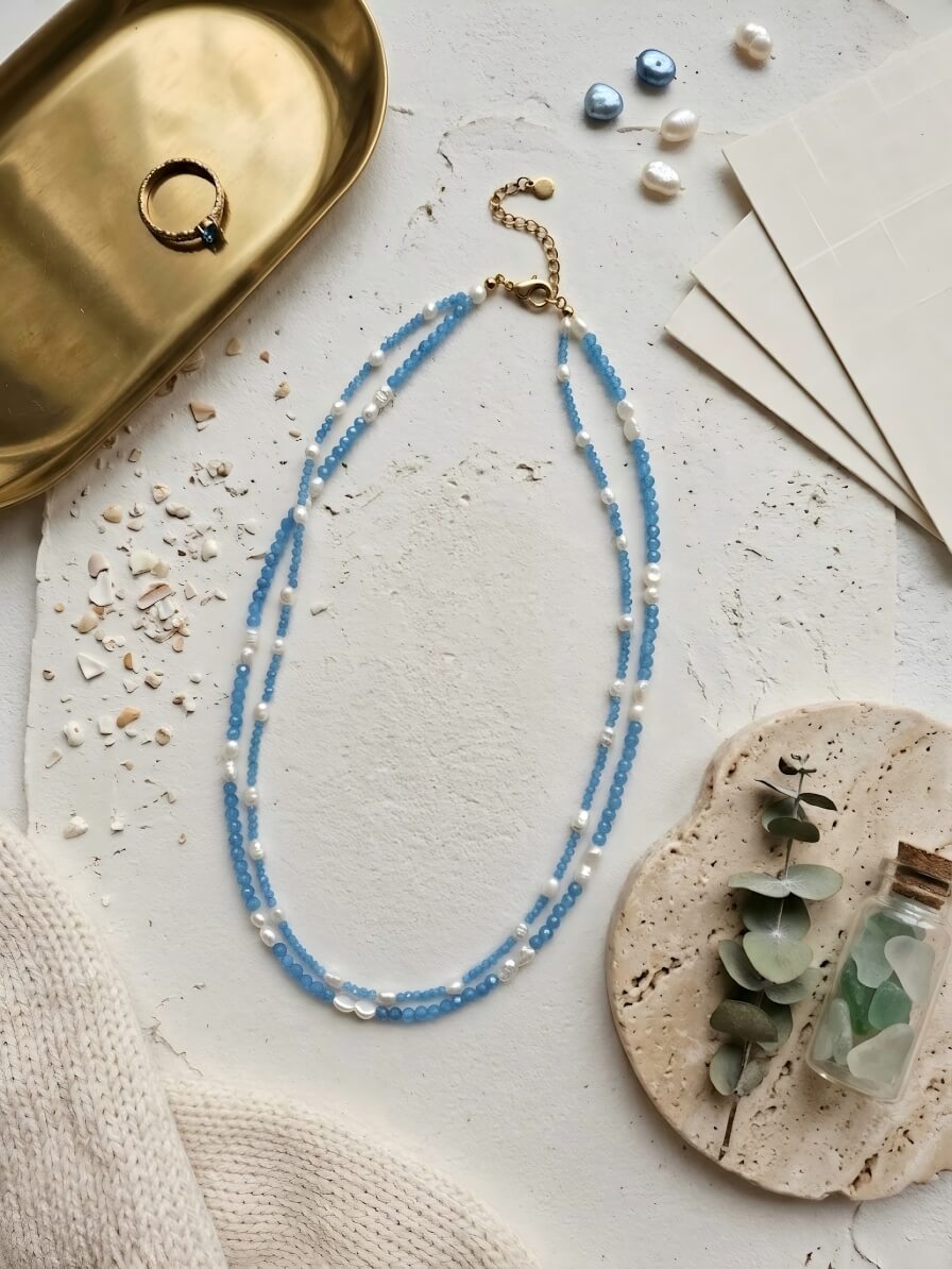 Ocean Breeze – Handmade Double-Layer Blue Zircon & Freshwater Pearl Necklace