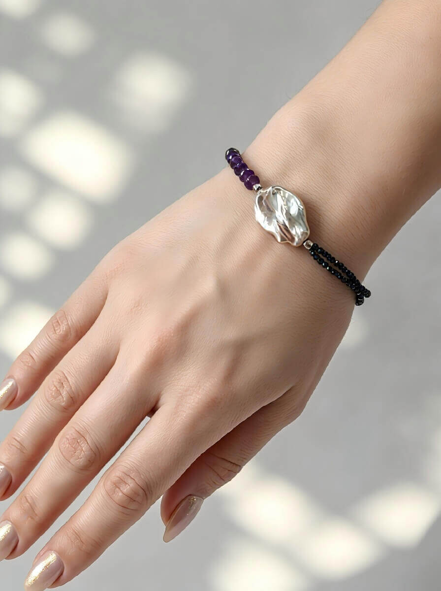 Handcrafted Asymmetric Amethyst & Black Spinel Bracelet with Keshi Baroque Pearl