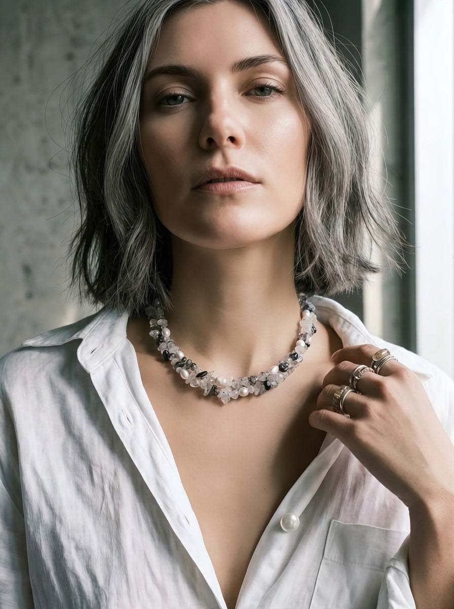 The Shadow & Light Handcrafted Tourmalinated Quartz & Baroque Pearl Choker