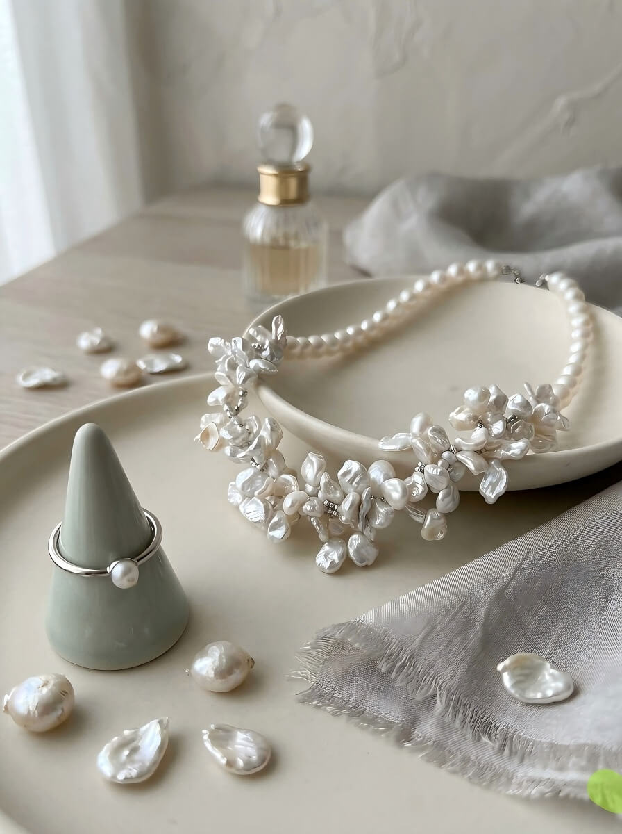 The "Ocean’s Whisper" Handmade Barque Pearl Cluster Necklace with Feather Clasp