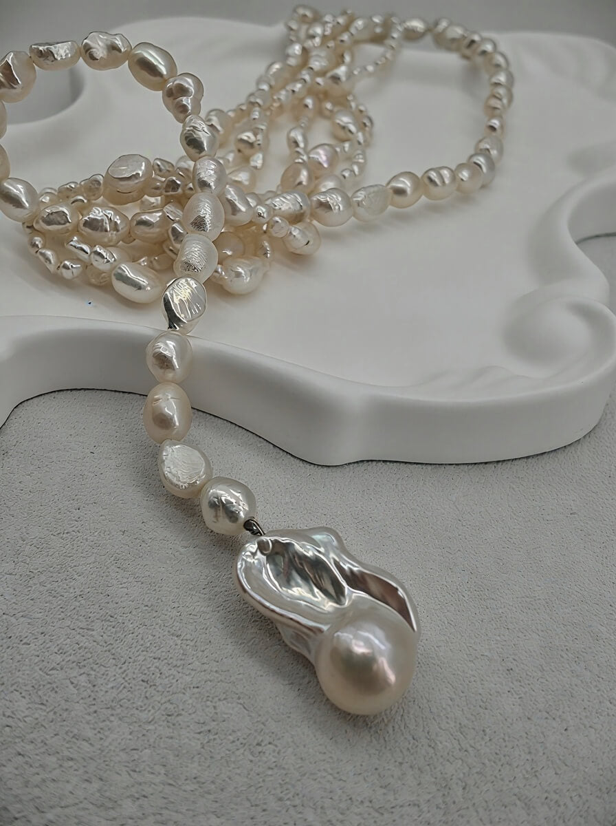 The Serpentine Tide Handcrafted Baroque Pearl Lariat Necklace