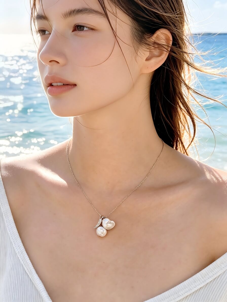 Handcrafted French Vintage Baroque Pearl Double Pendant Necklace - Sterling Silver Cherry Blossom Drop Choker