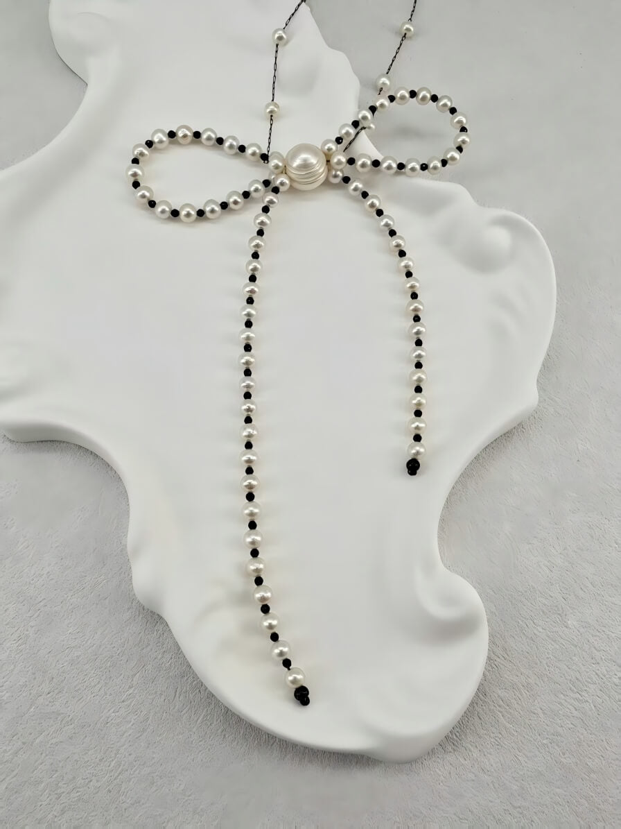 The Midnight Bow | Handcrafted Freshwater Pearl & Black Spinel Necklace