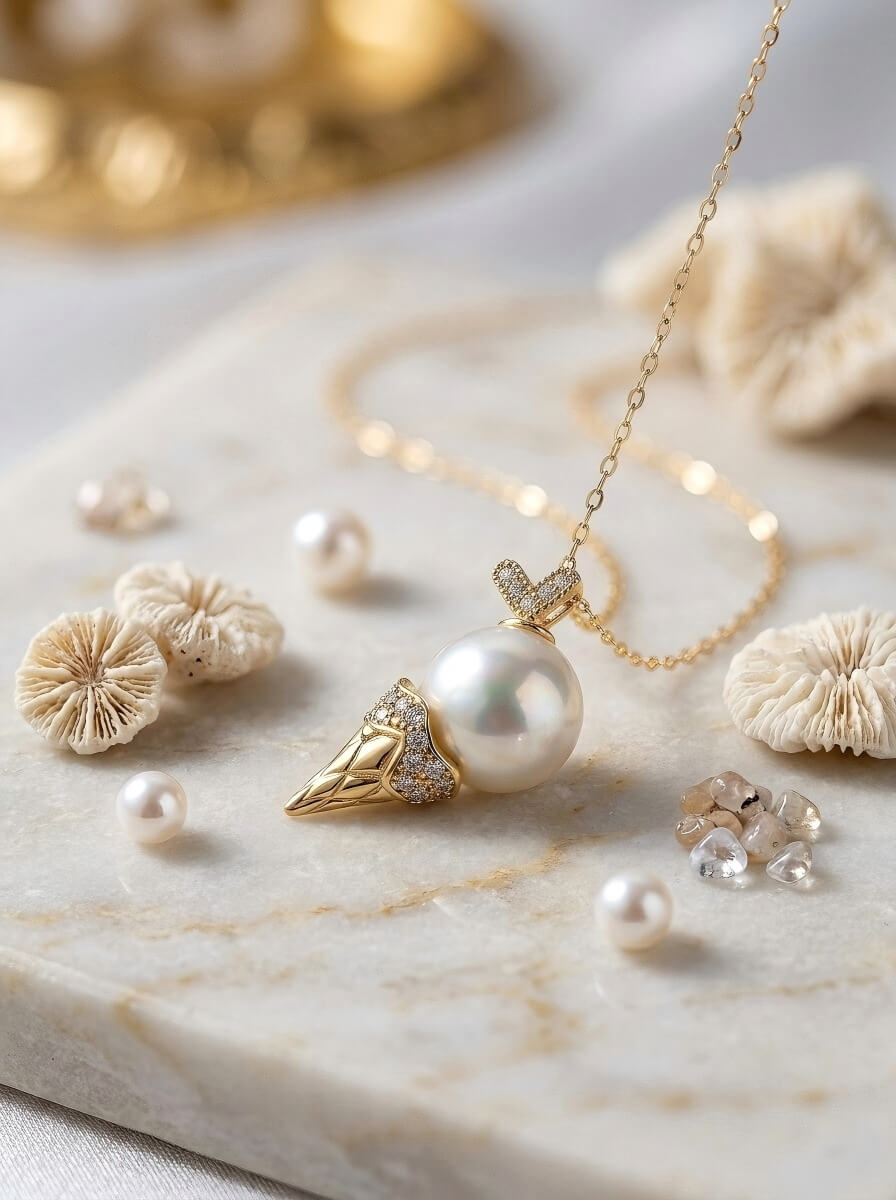 Handcrafted "Sweet Summer" Pearl Ice Cream Cone Pendant Necklace