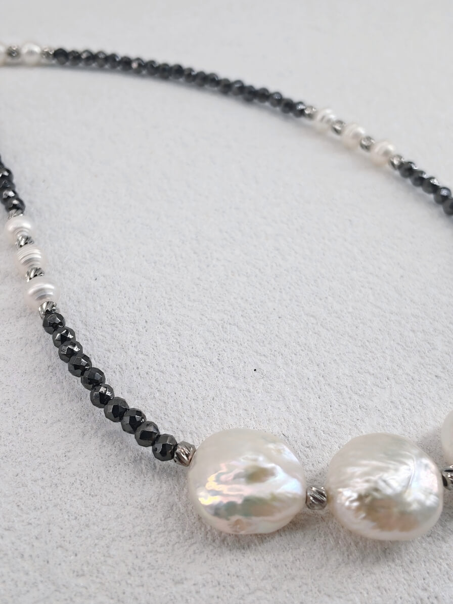 Edgy Sweet-Cool Asymmetrical Pearl Choker • Genuine Baroque Coin Pearl & Black Beaded Statement Necklace • Ins Style Jewelry