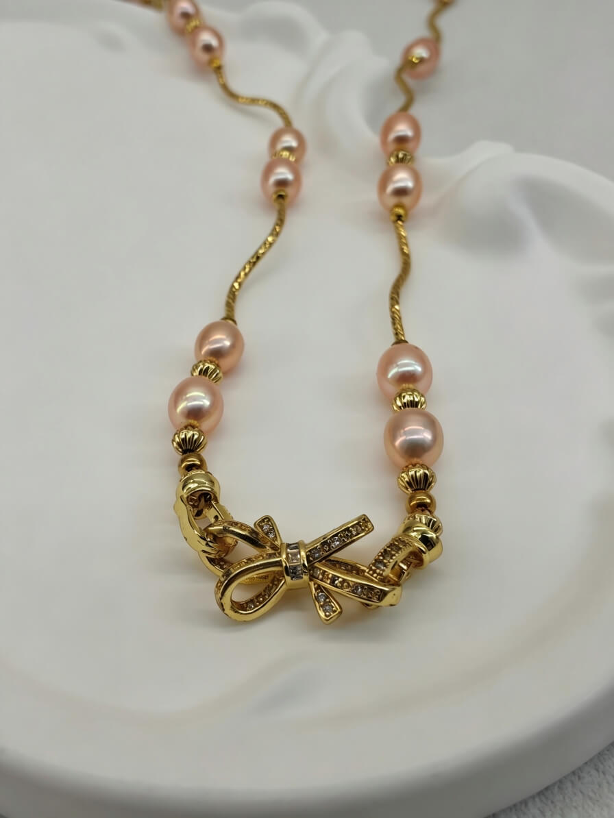 Aurelia Pink Freshwater Pearl Necklace with Vintage Bow Clasp