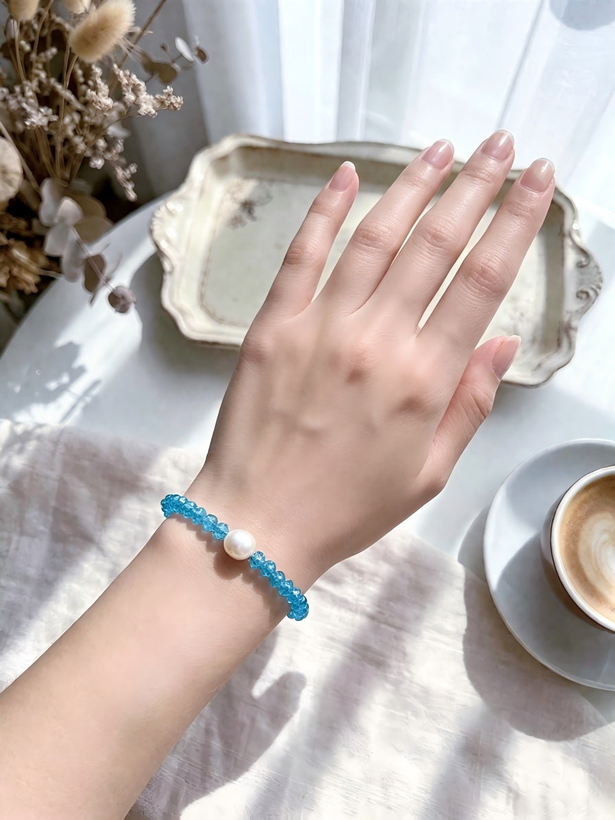 Ocean Tear | Handmade Blue Zircon & Natural Freshwater Pearl Bracelet