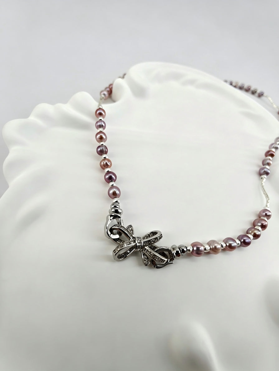 Handmade natural light purple pearl silver starry sky necklace