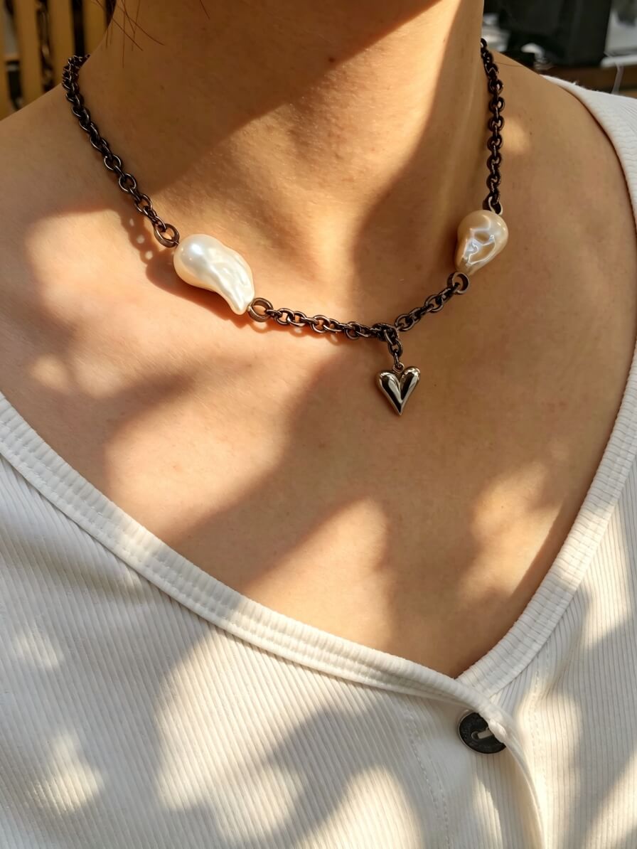 Handcrafted Baroque Pearl & Industrial Chain Choker