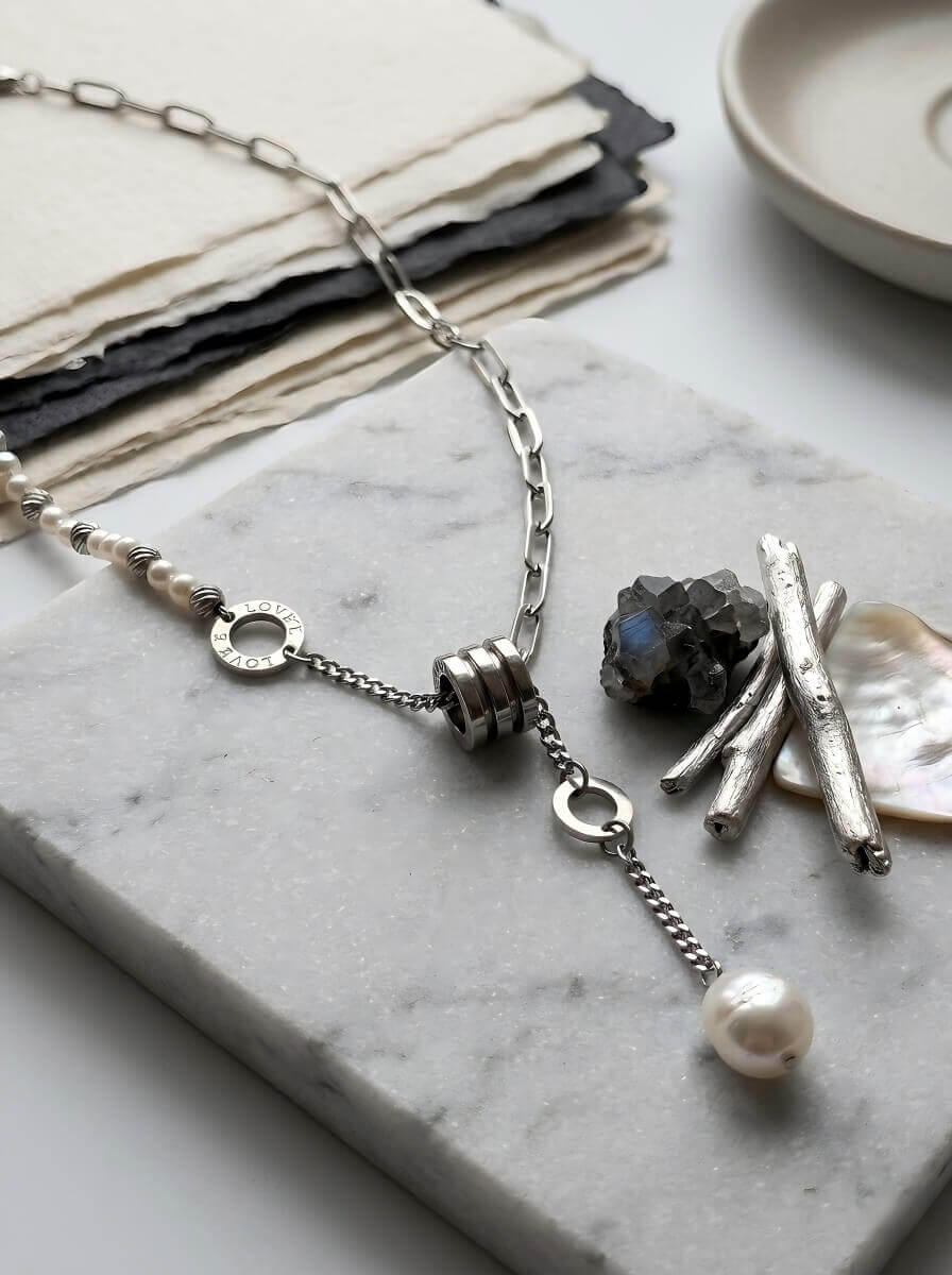 Echoes of the Sea • Asymmetric Baroque Pearl & Paperclip Chain Handmade Necklace