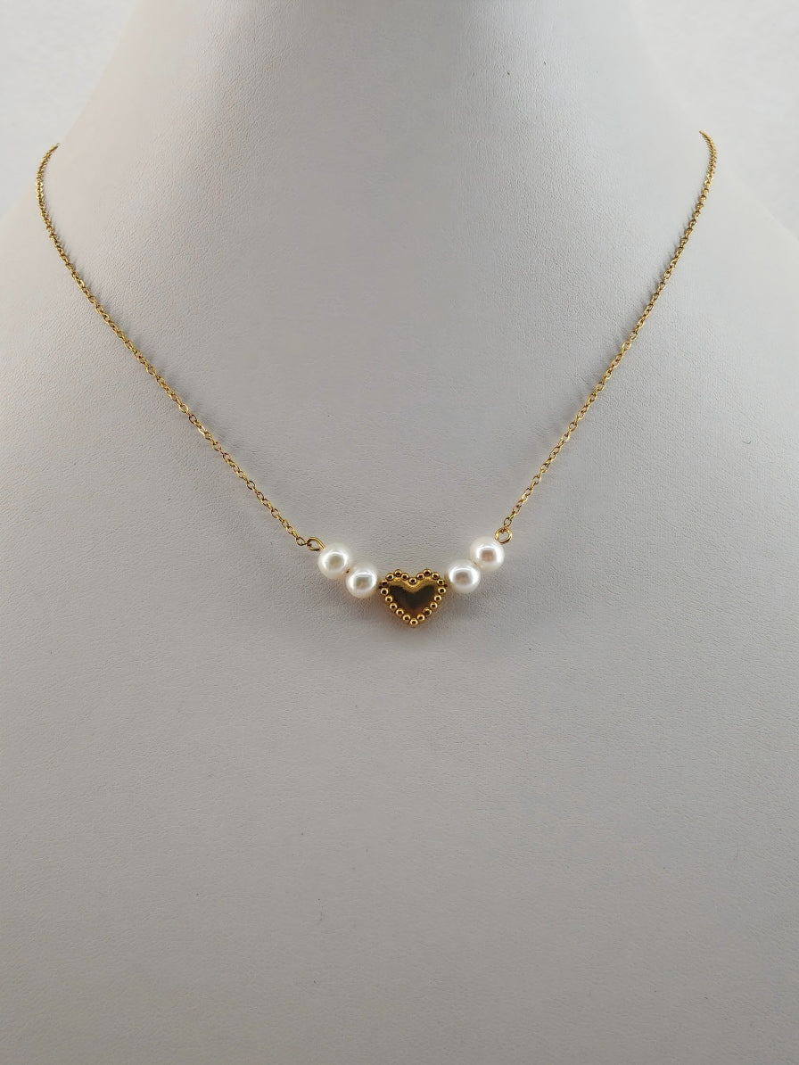 "Whispers of the Sea" — Vintage Textured Golden Heart & Natural Pearl Necklace