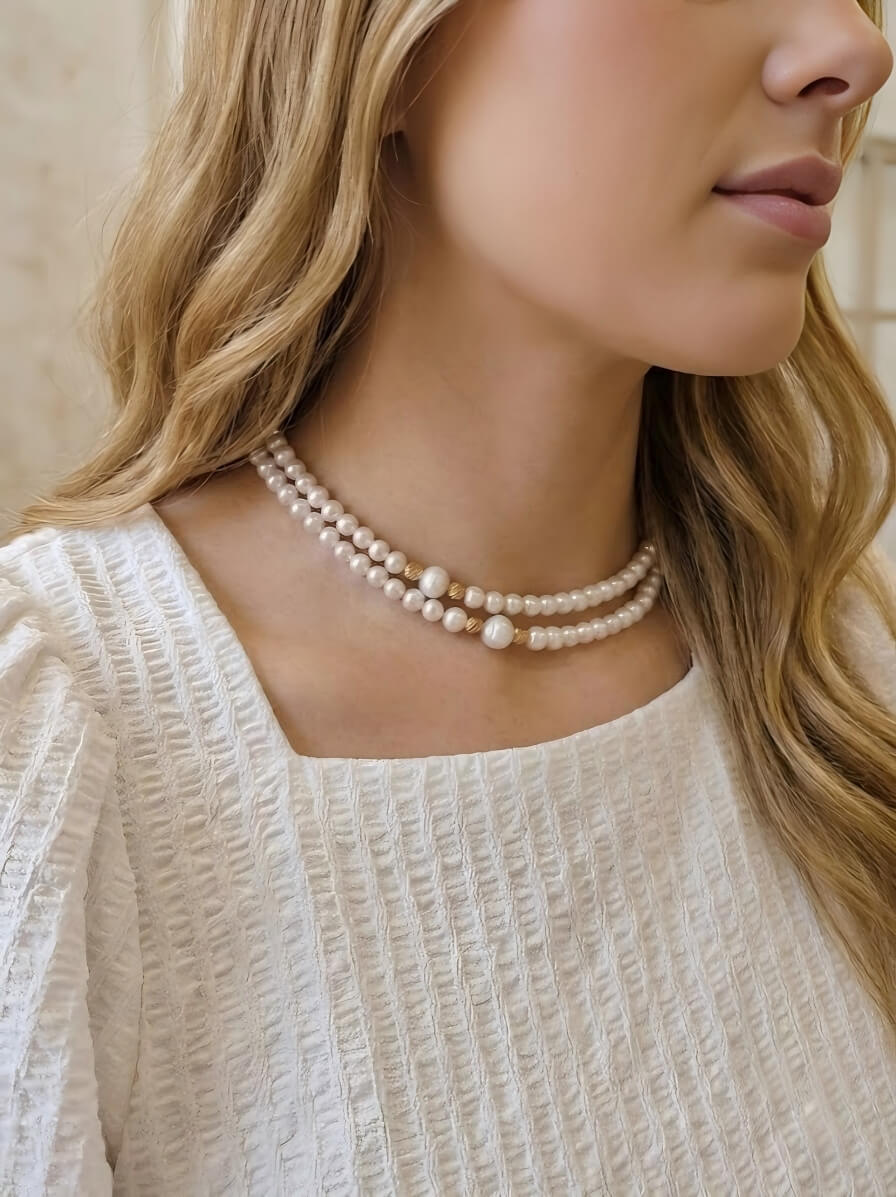 Aurelia Pearl Opera Necklace – Handcrafted Multi-Way Long Pearl Necklace with Textured Gold Accents