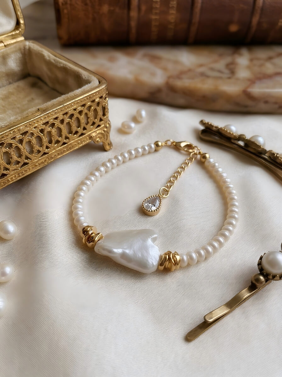 Handmade Silver Ribbon Bow Pearl Bracelet – Natural Baroque Tone Freshwater Pearls