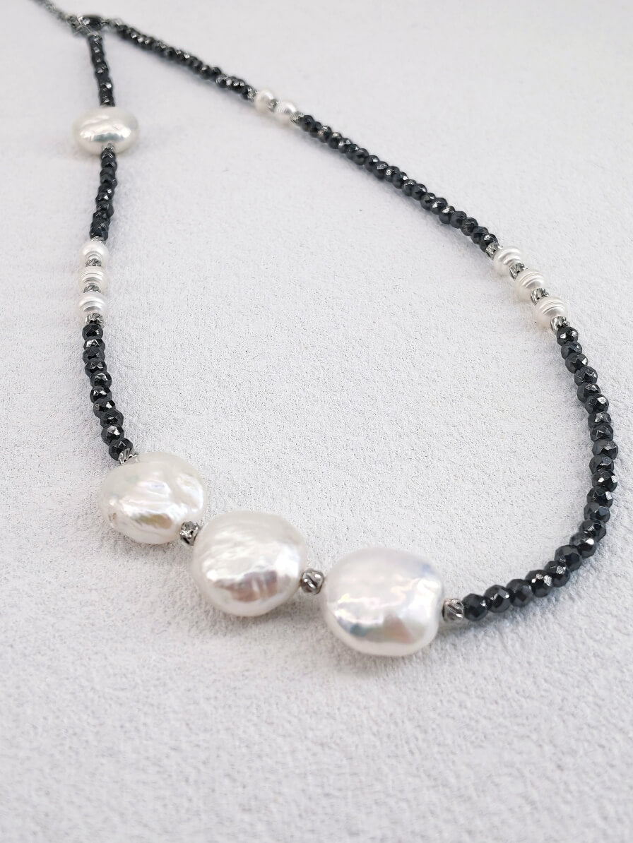 Edgy Sweet-Cool Asymmetrical Pearl Choker • Genuine Baroque Coin Pearl & Black Beaded Statement Necklace • Ins Style Jewelry