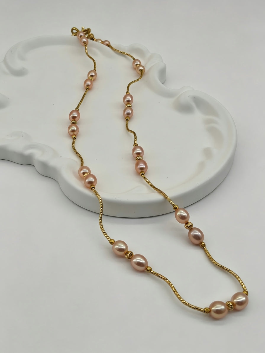 Aurelia Pink Freshwater Pearl Necklace with Vintage Bow Clasp
