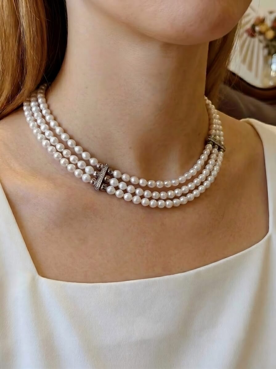 Genevieve Three-Strand Handcrafted Natural Freshwater Pearl Choker NecklaceOption